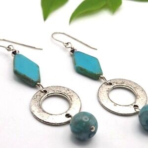 Blue Glass and Distressed Silvertone Circles Blue Stone Drop Dangle Earrings